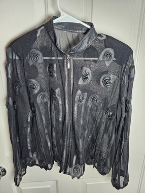 BELGIN FRANCIS Sheer Mesh Zip-Up Jacket Leather Leaves Rosettes Size: L